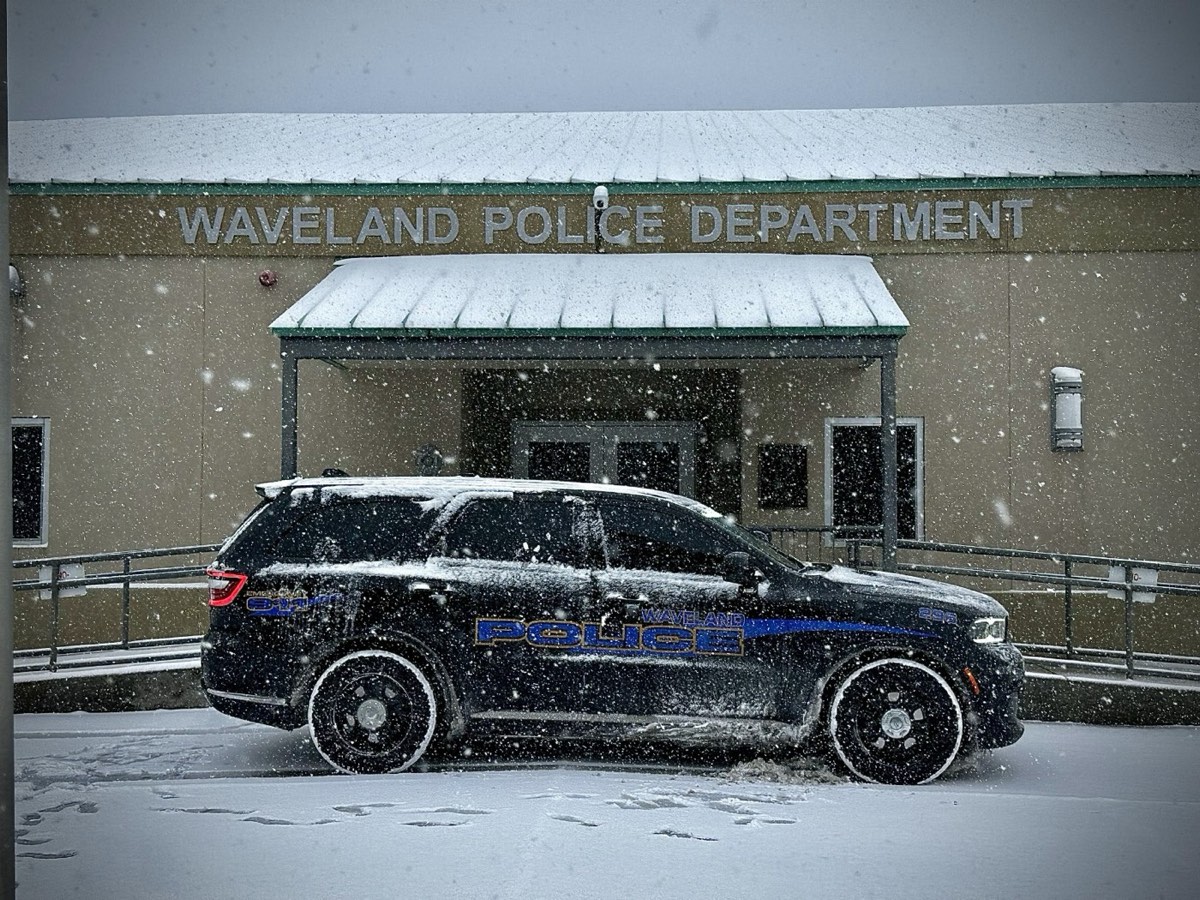 A Waveland Police cruiser outside the Police Department during a rare Gulf Coast snow